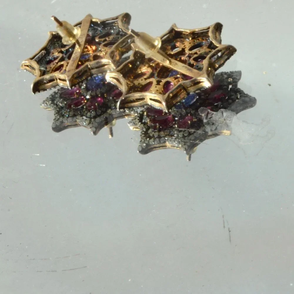 Genuine Ruby Sapphire Pave Diamond Gold Vermeil Sterling Silver 925 Earrings